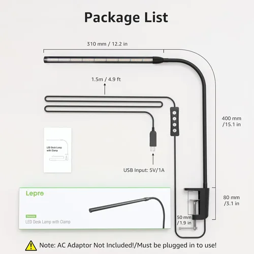 Vista 6 de Lepro Lámpara de Escritorio con Clip LED Luz de Lectura Regulable USB Pequeña Lámpara de Abrazadera con 3 Modos de Color 10 Niveles de Brillo, Luz