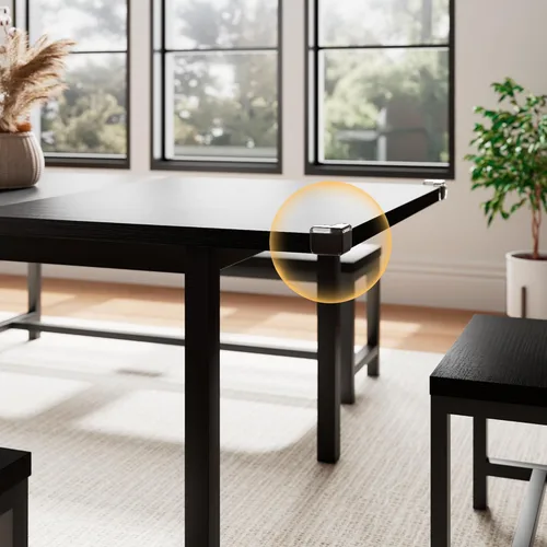 Vista 6 de Einhomn Juego de Mesa de Comedor de 5 Piezas para 4-6, Mesa de Cocina Extensible de 63" con 2 Bancos y 2 Taburetes, Estructura de Metal y Tablero