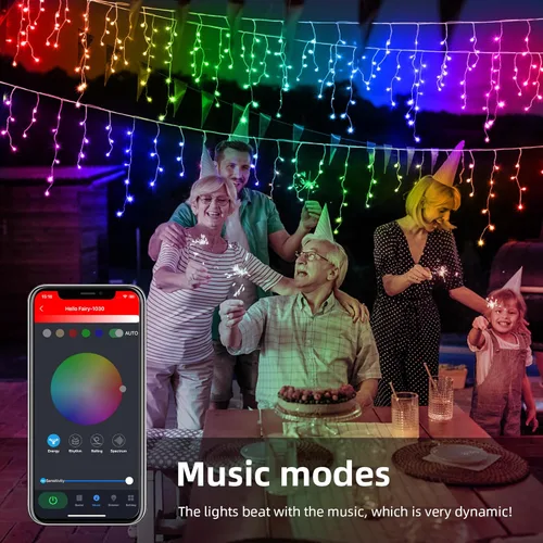 Vista 5 de Luces de carámbano de Navidad inteligentes de 99 pies que cambian de color, control por aplicación, 897 LED, 207 gotas, tira de luces de techo