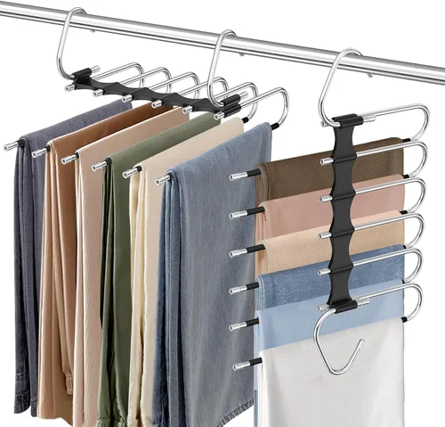 Vista 13 de Perchas para pantalones de 9 niveles que ahorran espacio, paquete de 2 organizadores multifuncionales de acero inoxidable para armario para Blanco