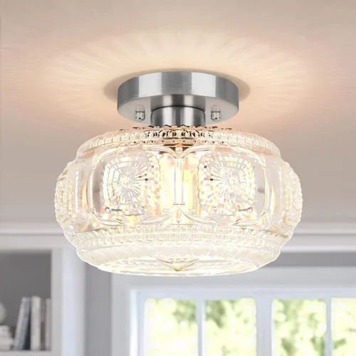 Vista 15 de Lámpara de techo de montaje semiempotrado, lámpara de techo de vidrio globo verde, accesorios de iluminación de cocina Art Deco para techo