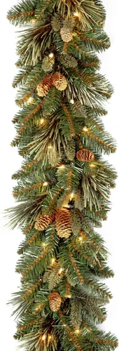 Vista 5 de National Tree Company - Guirnalda de Navidad artificial preiluminada de 9 pies de pino de Carolina, decoración navideña con conos de pino, 100 luces