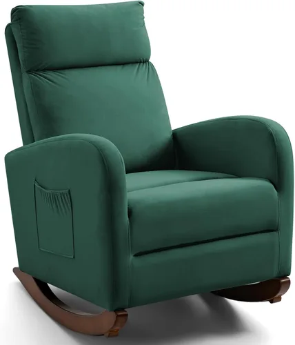 Vista 13 de AVAWING Silla mecedora tapizada con asiento acolchado de tela, cómoda balancín de madera maciza para sala de estar, silla moderna de respaldo alto