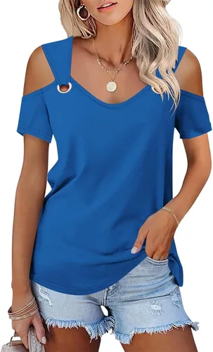 Vista 28 de Minetom - Camisetas básicas de verano para mujer, de manga corta, con hombros descubiertos y cuello en V