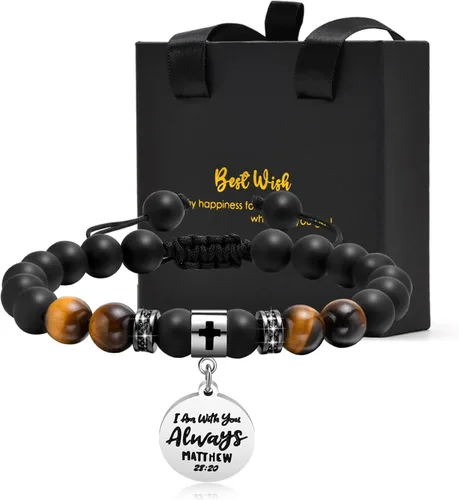 Pulsera inspiradora para el día de San Valentín para hombres hecha a mano con versículo bíblico grabado, pulsera de cuentas de ágata natural y ojo