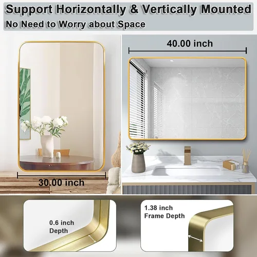 Vista 6 de Espejo de pared rectangular con marco de metal negro de 30 x 40 pulgadas, espejo rectangular grande y redondeado, antioxidante, vidrio templado, se
