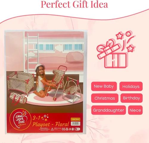 Vista 5 de Juego de Muebles de Cuna y Cochecito de Muñeca de Lujo, Juego de Accesorios Multi para Muñecas de 18", Incluye Cochecito de Muñeca, Columpio y Cama