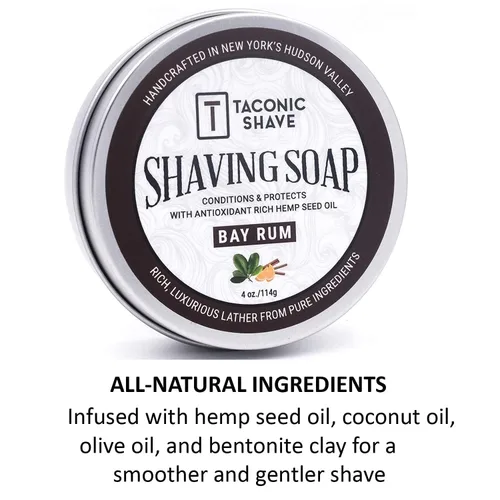 Vista 4 de Taconic Shave Jabón de afeitar con aroma a ron de bahía, aroma cálido y especiado, disco de espuma de calidad de barbería con aceites de coco