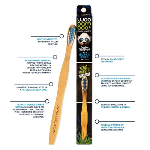 Vista 2 de Woobamboo! Cepillo de dientes de bambú para adultos, cerdas de nailon súper suaves, sin BPA, ecológico, plástico negativo, biodegradable