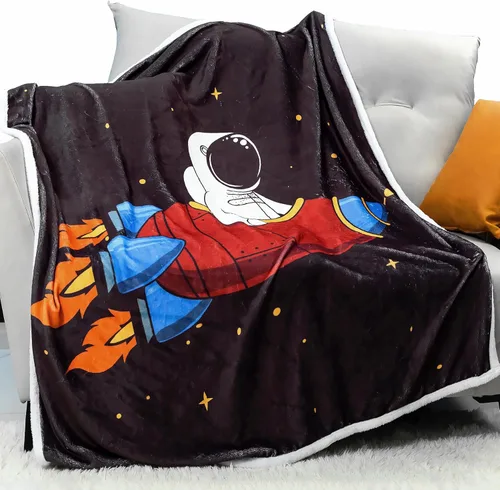 Vista 2 de Manta de astronauta marrón con cohete espacial, regalos creativos para niños pequeños, manta de planetas de nave espacial