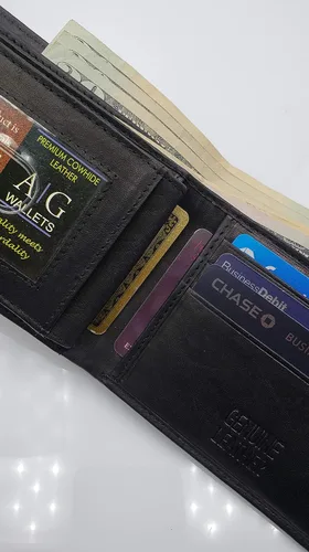 Vista 4 de AG Wallets Billetera plegable para hombre, piel de vaca real, 2 solapas centrales de identificación, 2 compartimentos para billetes