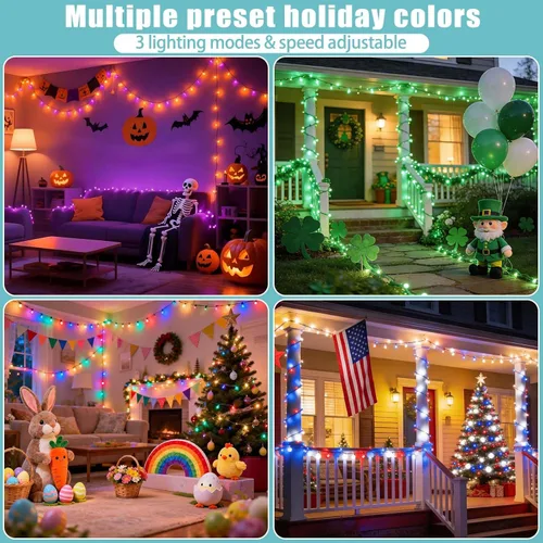 Vista 7 de LitHome Guirnalda de 100 luces LED solares de Navidad para exteriores, 33 pies, 34 colores cambiantes, solar/USB, luces solares y blancas, azules