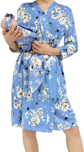 Vista 2 de SUFEINI Conjunto de manta con bata de mamá a juego, bata de maternidad para enfermería, hospital, parto, bata de embarazo, ropa de descanso