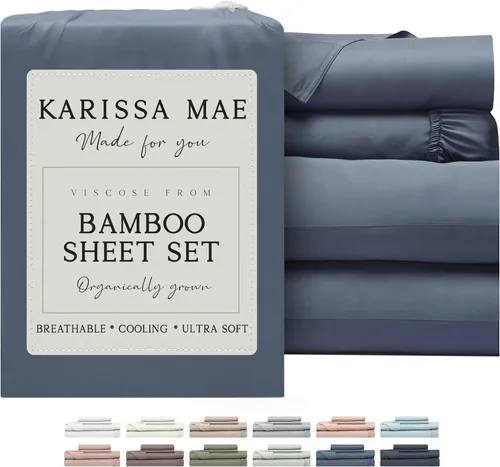 Vista 21 de KARISSA MAE Juego de sábanas tamaño Queen de viscosa de bambú refrescante, 100% certificado FSC, bolsillo profundo de 18 pulgadas, sedoso, suave e