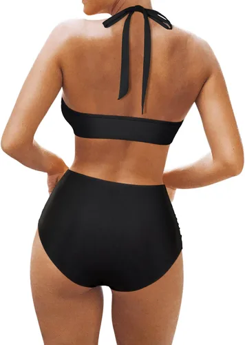 Vista 2 de OMKAGI Conjunto de bikini de malla de cintura alta para mujer, sexy, cuello en V, control de abdomen, traje de baño
