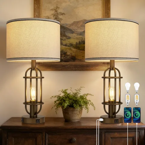 Vista 11 de Reaketon - Juego de 2 lámparas de sala de estar, lámpara de mesa de 22.3" estilo granja para dormitorio, lámparas vintage para mesitas de noche
