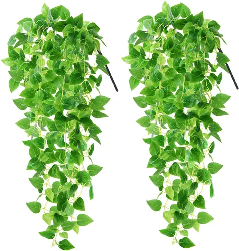 Vista 14 de Flores artificiales colgantes falsas para decoración de otoño al aire libre, 2 piezas de seda sintética violeta, aspecto resistente a los rayos UV