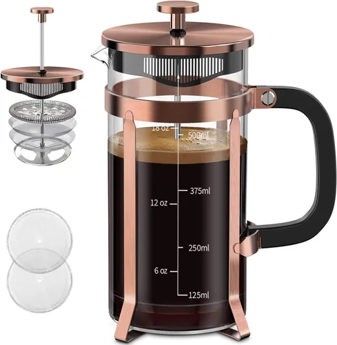 Vista 23 de QUQIYSO Cafetera de prensa francesa de acero inoxidable 304 con 4 filtros, resistente al calor, duradera, fácil de limpiar, prensa de café de vidrio