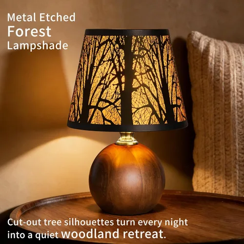 Vista 4 de Lámpara de mesa rústica de bosque de 11.4 pulgadas, lámpara de noche regulable de 3 colores con pantalla de árbol de metal negro y base de madera