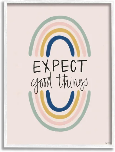 Stupell Industries Expect Good Things Phrase Double Rainbow Reflection, diseñado por Kyra Brown - Arte de pared enmarcado en blanco y negro, rosa