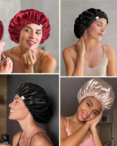 Vista 5 de YANIBEST Gorro de Seda de Satén para Dormir para Mujeres y Hombres, Gorro de Cabello Ajustable de Doble Capa para Rizos y Trenzas para Reducir