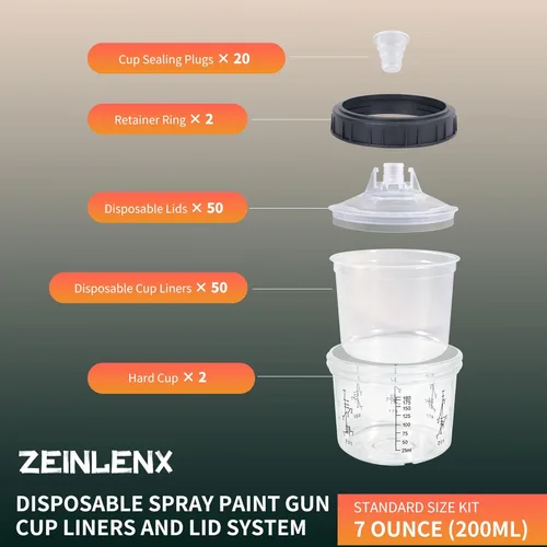Vista 3 de Disposable Paint Gun Cup System, 6.7oz/200ml HVLP Paint Sprayer Mixing Cups Kit with 50 Cup Liners & Lids, 20 Plugs, 2 Hard Cups & Retainer Rings