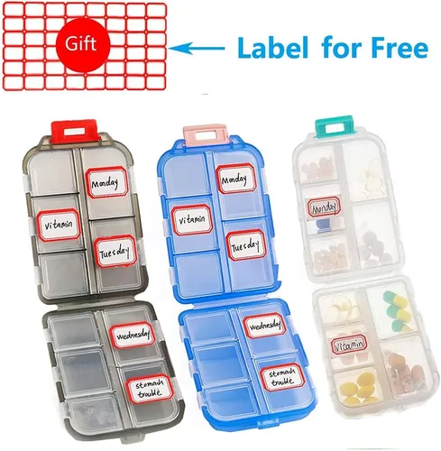 Vista 2 de Pastillero (paquete de 3) – Caja portátil de suplementos pequeños con 10 compartimentos – Cápsula de medicina plegable de vitamina