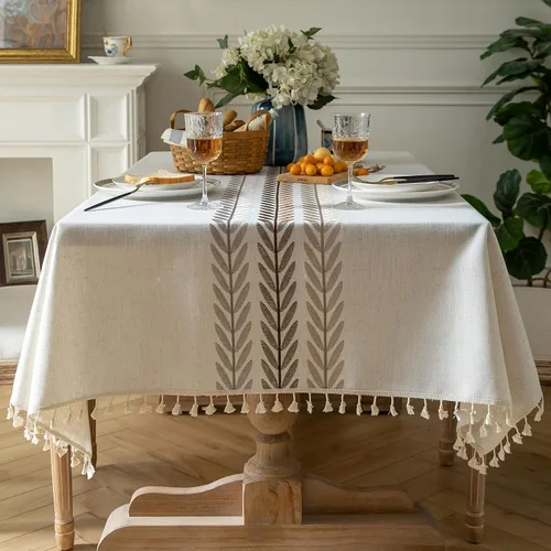 Vista 12 de Oubonun Mantel cuadrado de lino de algodón, resistente a las arrugas y al agua, lavable a máquina con borlas para cocina y comedor, 55 x 55
