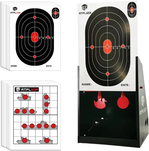 Atflbox Trampa para pistola BB de 7 x 9 pulgadas con 10 objetivos de papel y siluetas de metal giratorio, objetivos de disparo para patio trasero,