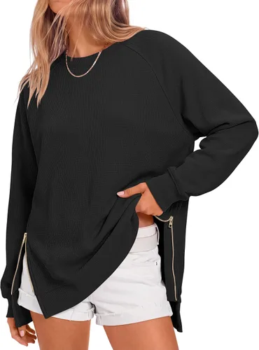 Vista 22 de ANRABESS - Sudadera de gran tamaño para mujer, cuello redondo, manga larga, tipo túnica, con cremallera lateral, sudadera con capucha, suéter