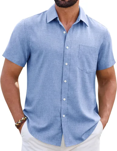 Vista 12 de Camisa de lino para hombre, de manga corta, sin arrugas, casual, sin pliegues, con botones, para playa, transpirable, para verano