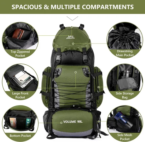 Vista 3 de Mochila de senderismo de 90L, bolsa de camping impermeable con cubierta de lluvia, mochila ligera para mochileros, sin marco