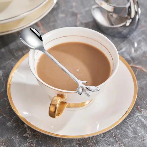 Vista 9 de AnSaw Juego de Portacucharas de Café Pequeñas Plateado, Base de Cisne con Juego de 10 Cucharas Demitasse Espresso, Cuchara de Postre Mini de Hoja