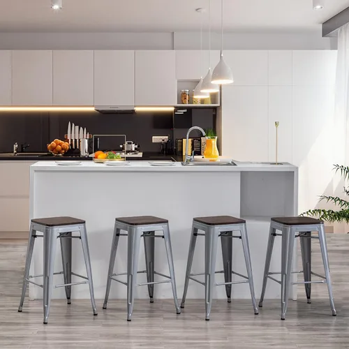 Vista 6 de Yongqiang Taburetes de bar de metal de 26 pulgadas, juego de 4 taburetes apilables industriales para isla de cocina, taburetes de bar sin respaldo