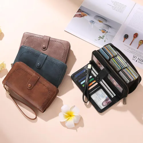 Vista 6 de GAEKEAO Leather Credit Card Holder Wallet for Women RFID Blocking Large Capacity Bifold Zipper Card Case Organizer with Wristlet 45 Slots