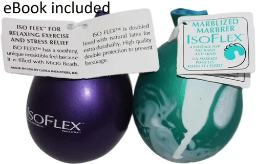 Vista 3 de Pelota de terapia de manos y ejercicio con un libro electrónico. Paquete de 2 - un color sólido y otro marblizado. Ideal para aliviar el estrés