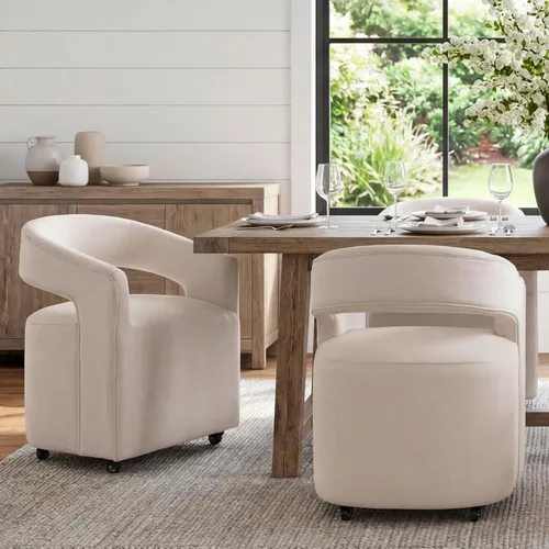 Vista 15 de DUOMAY Silla de comedor tapizada moderna con ruedas giratorias, juego de 1, silla auxiliar con respaldo de barril de lino, silla de tocador Beige