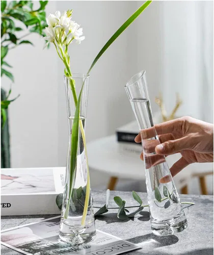 Vista 8 de Jarrón de cristal soplado hecho a mano, pequeño jarrón de vidrio transparente, jarrón de flores de vidrio, base pesada, jarrón de flores de un solo