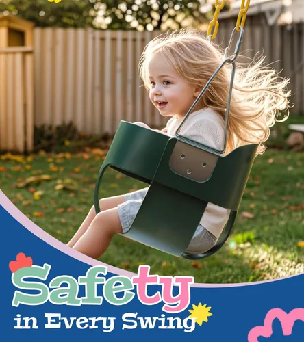 Vista 2 de little dove Cubo completo de respaldo alto, columpio para niños pequeños con cadenas revestidas y protección triangular de inmersión para mayor Verde