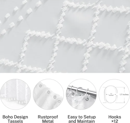Vista 6 de Siiluminisoy - Cortina de ducha pequeña estilo boho para cubículo, de tela tejida con borla blanca, 36 x 72 pulgadas, tamaño medio, con diseño