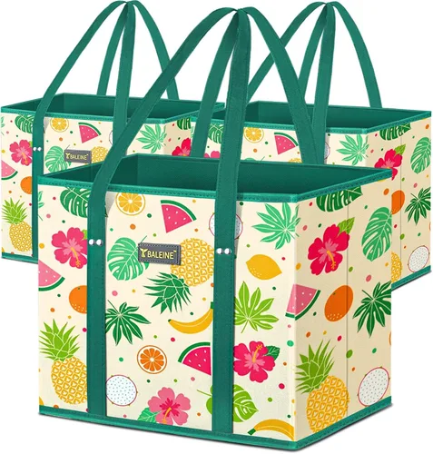 Vista 26 de BALEINE Paquete de 3 bolsas reutilizables para comestibles, bolsas de compras plegables para comestibles con parte inferior reforzada y asas