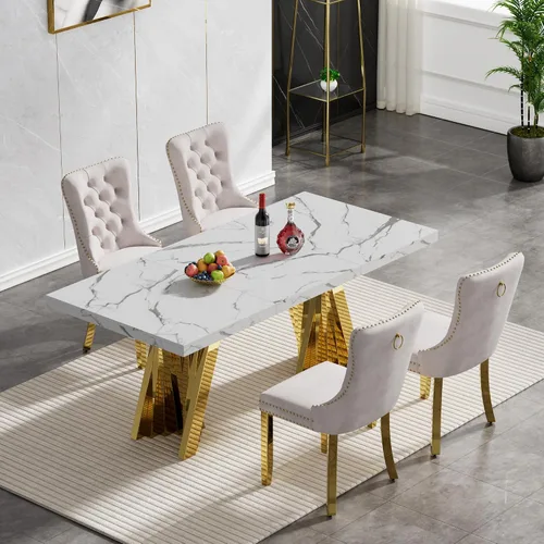 Vista 53 de Juego de 5 mesas de comedor, juego de mesa de cocina y comedor para 4, mesa de comedor rectangular de mármol sintético negro de 70 pulgadas con base