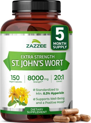 Zazzee Extracto 20:1 de hierba de San Juan extra fuerte, 8000 mg de fuerza, 0.3% de hipericina, 150 cápsulas veganas, suministro de 5 meses,