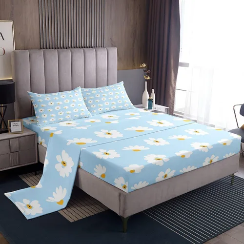 Vista 3 de Castle Fairy Daisy Florals Bed Sheet Set for Kids,Cartoon Wildflowers Sheets Set,Retro Country Style Home Decor Sheet Sets with Deep Pocket,Top Flat
