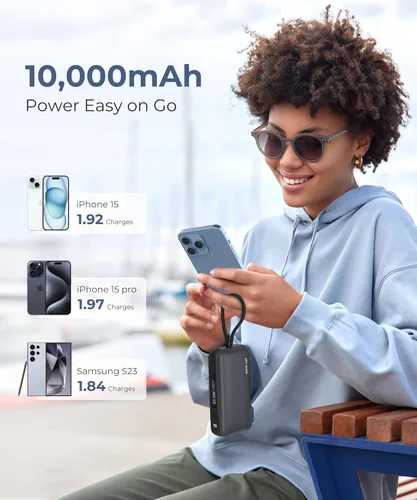 Vista 7 de JOYFAR Cargador portátil de 22.5 W con cable USB-C integrado y enchufe de pared, cargador de batería USB C de carga rápida de 10,000 mAh, paquete