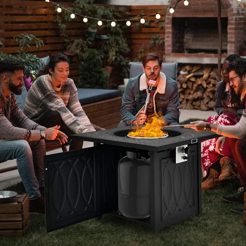 Vista 5 de COSTWAY Mesa para fogata de 50.000 BTU/14.65 KW, mesa de fuego de propano de encendido automático para exteriores, con cubierta impermeable, rocas