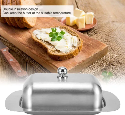Vista 2 de Mantequillera con tapa, recipiente de mantequilla de acero inoxidable para mantequilla y queso, caja de almacenamiento de mantequilla con asa