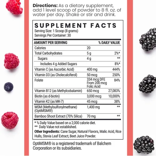 Vista 2 de Qhemet Biologics MSM + Biotin - Mezcla de bebida nutritiva para el cabello, vitaminas en polvo para apoyar un volumen exuberante, sílice de bambú