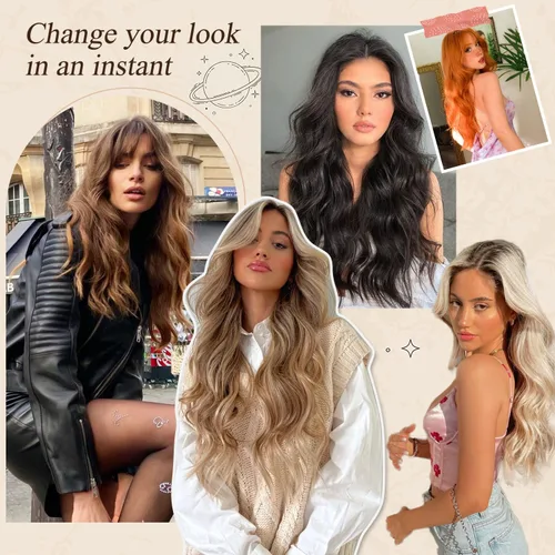 Vista 4 de Nnzes Extensiones de cabello largo ondulado con clip, 4 piezas, extensiones de cabello grueso de doble trama de 20 pulgadas, mezcla de rubio