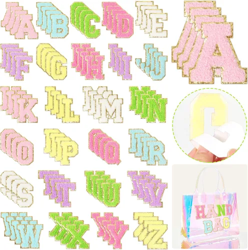 Vista 7 de NICEVINYL Parches de letras de chenilla autoadhesivas: 104 piezas de parches de letras preppy de colores mixtos - Parche de iniciales universitarias